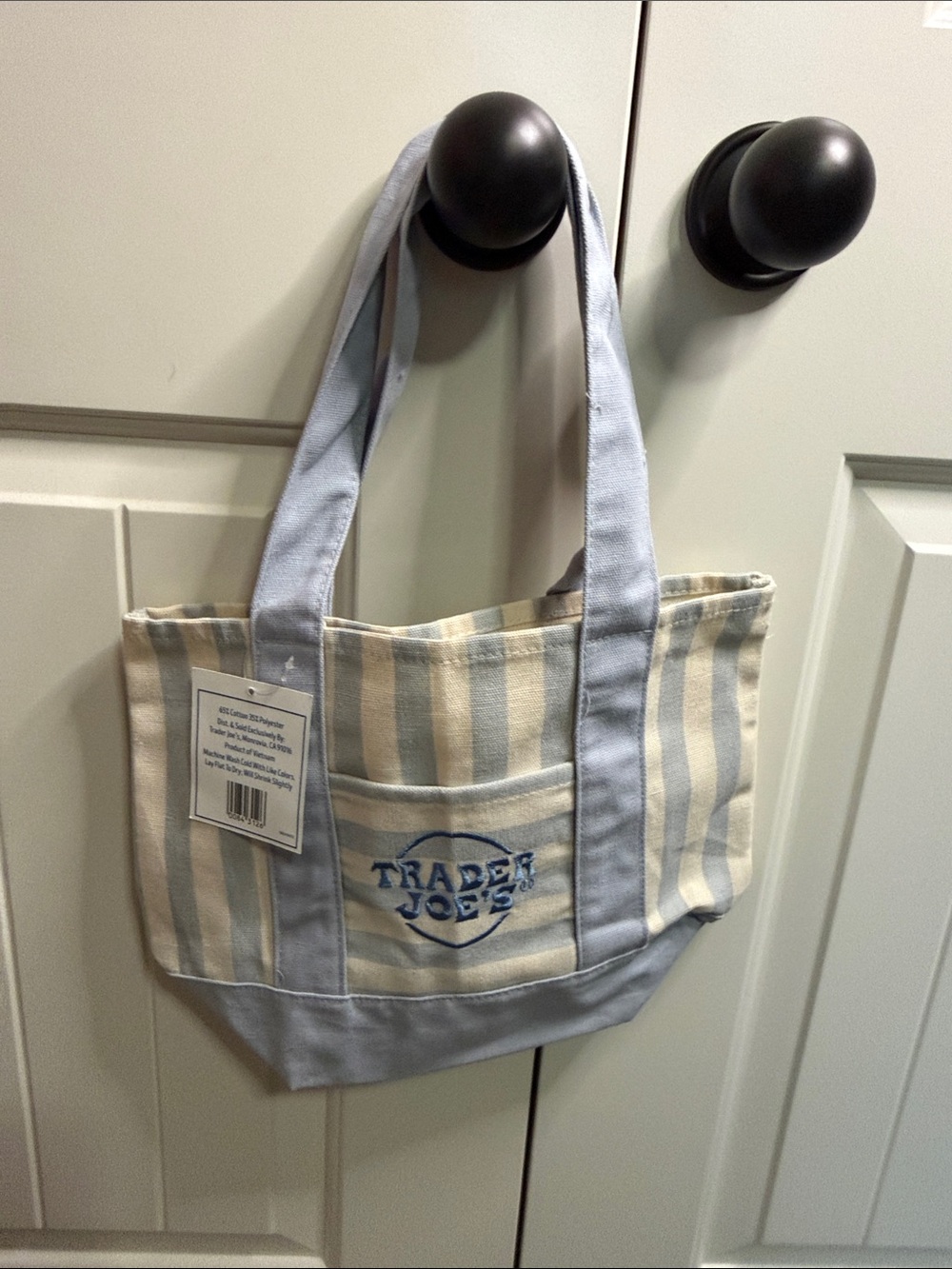 Trader Joe's Striped Mini Canvas Tote Bag Blue White 13x11x6 Cotton Blend NEW
